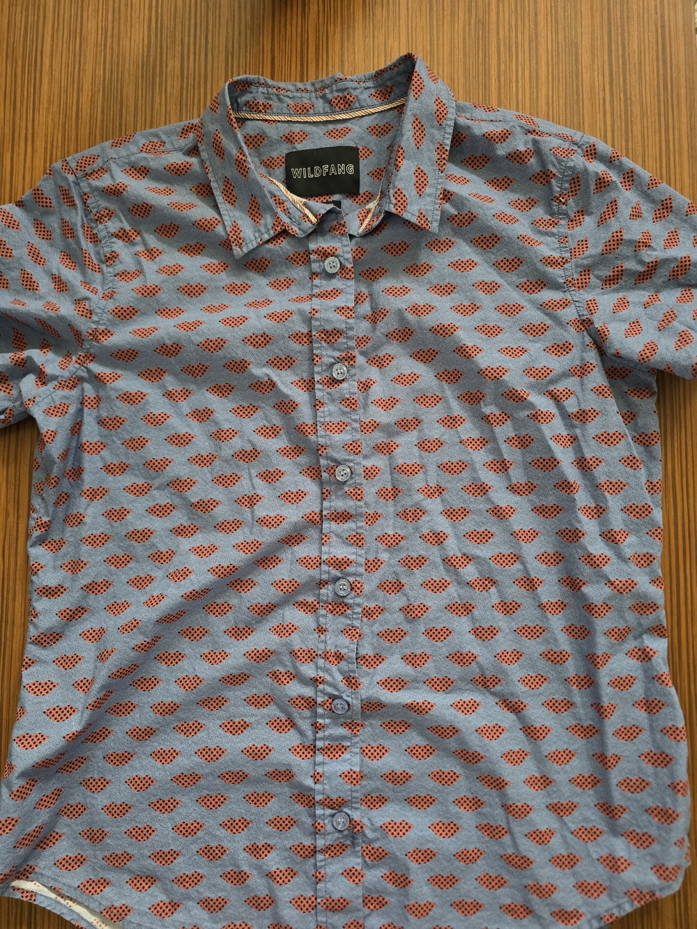 Wildfang Blue Short-Sleeve Button-Down with Red Geometric Print